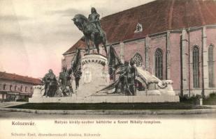 Kolozsvár, Cluj; Mátáys király szobor, Szent Mihály templom, Neumann M. üzlete / statue, church, shop (fa)