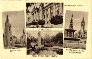 Kaposvár, Kossuth tér, Igazságügyi palota, Rippl-Rónai József szobor, Horthy-park, Evangélikus templom. Rázsó Testvérek kiadása