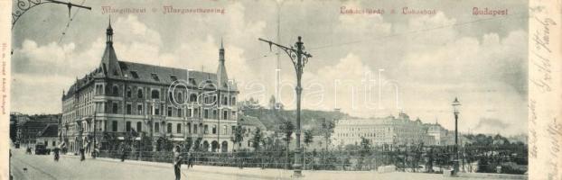 Budapest II. Margit körút, Lukács fürdő, Margit Park kávéház, villamos. Divald Károly 372. sz. kihajtható panorámalap / panoramacard (EK)