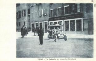 Udine, Via Palladio, F. Tosolini Cartoleria, Libreria, Tipografia / street view with automobile, shop of F. Tosolini. Published by Fratelli Tosolini