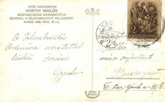 1938 Kassa, Kosice; bevonulás, Horthy Miklós, háttérben Migály, Therapia, Feuerstein üzletek / entry...