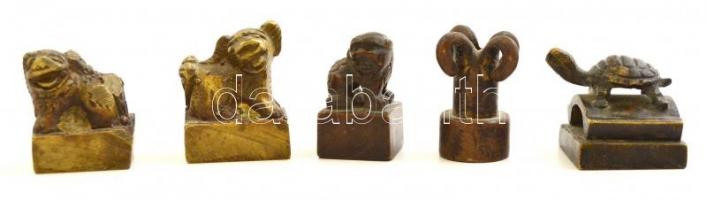 5 db bronz kínai pecsétnyomó, Fő kutyák, teknős, / Chinese seal makers bronze turtle, Pho dogs, cca 3x2,5 cm