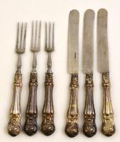 Ezüst(Ag) nyelű kés és villa, 6 db, jelzett, 16,5 és 18 cm
