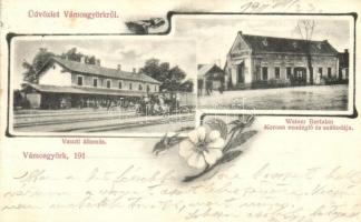 Vámosgyörk, vasútállomás gőzmozdonnyal, Weiner Bertalan Korona vendéglője, szállodája és saját kiadása. Floral, Art Nouveau
