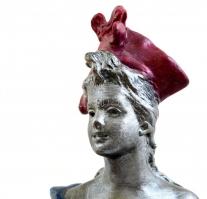 Női büszt, festett spiáter, jelzett, m: 17,5 cm