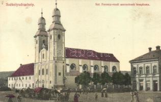Székelyudvarhely, Odorheiu Secuiesc; Szent Ferenc-rendi szerzetesek temploma, piac / church, market
