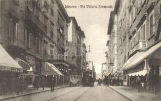 Livorno, Via Vittorio Emanuele / street view with tram, shops