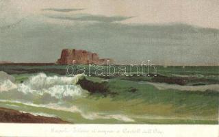 Naples, Napoli; Effetto dacqua e Castell dellOvo / sea with castle. litho