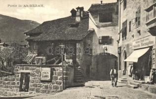 Merano, Meran (Südtirol); Alt-Meran, Gemischte Warenhandlung / old town, shops of O. Lamborg and Grödner Seppl Senior.