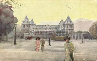 Torino, Turin; Castello del Valentino dal Corso / castle, tram. Italian art postcard s: Guerzoni