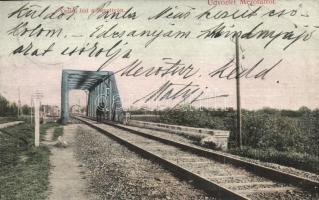 Mezőtúr, Vasúti híd a Berettyó folyón, A hídon átjárni tilos! feliratos tábla. Kanyó Antal kiadása (EB)