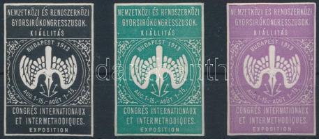 1913 Nemzetközi és Rendszerközi Gyorsíró Kongresszusok kiállítás 3 klf színű levélzáró