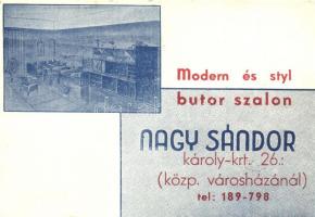 Budapest, Nagy Sándor modern és styl bútorszalon, belső. Reklámlap; Károly körút 26. / Hungarian furniture shop advertisement 1939 Nemzetközi Vásár So. Stpl (non PC) (EK)