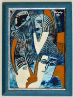 Drégely László (1932-1990): Vitatkozók. Vegyes technika, fémlemez- farost, jelzett, keretben, 24×17 cm