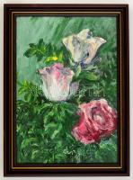 Szalkári Rózsa (1936-2017): Rózsák, olaj, farost, jelzett, fa keretben, 24×16,5 cm
