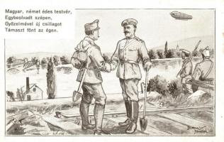 Magyar, német édes testvér. / WWI K.u.K. military Viribus Unitis art postcard, Zeppelin airship s: Bortnyik Sándor (EK)