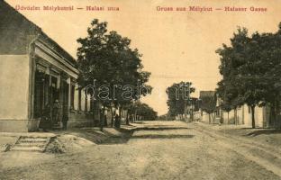 Mélykút, Halasi utca, üzlet. W. L. 1915. (EB)