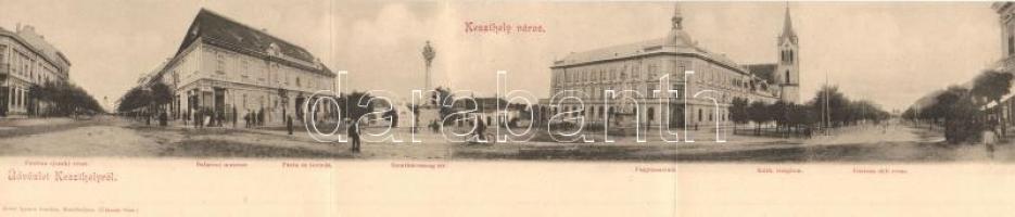 Keszthely, Fő utca, Balatoni múzeum egyesület, Posta és távirda, Szentháromság tér, főgimnázium, Katolikus templom, gyógyszertár, Korona szálloda, Hermann Lajos üzlete, kerékpáros férfi. Három részes panorámalap / 3-tiled panoramacard