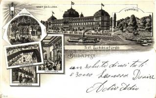 Budapest II. Szent Lukács fürdő, gyógyudvar, iszapfürdő, lépcsőház, nagyszálloda, forrástó, belső. Art Nouveau litho (EK)