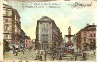 Budapest VIII. Kálvin tér, Baross utca, villamos, üzletek, gyógyszertár. Art Nouveau litho (fa)