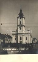 1940 Szatmárnémeti, Satu Mare; visszatért, templom / church, photo (ragasztónyom / gluemark)