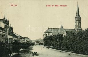 Lőcse, Levoca; Körtér és Római katolikus templom. W. L. Bp. 2822. Berger Em. kiadása / street view, church (EK)