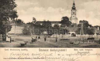 Székelyhíd, Sacueni; Nagyvendéglő, Római katolikus templom, Gróf Stubenberg kastély. Fejér Ferenc fényképész kiadása / restaurant, church, sqaure, castle  (EK)