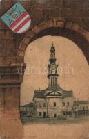 Késmárk, Kezmarok; Városháza. Wiesner J. F. címeres litho keret / town hall. coat of arms Art Nouveau litho frame (r)