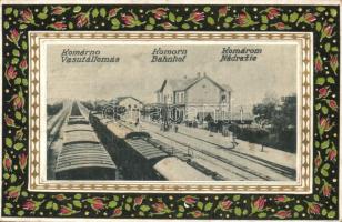 Komárom, Komárno; vasútállomás vonatokkal. Szecessziós virágos keret / Nadrazie / Bahnhof / railway station with trains. Art Nouveau (hiáőnyos leporellolap / missing leporellocard)