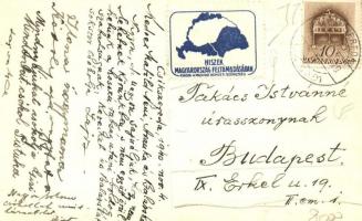 1940 Csíkszereda, Miercurea Ciuc; bevonulás, tömeg zászlókkal. Hátoldalon irredenta bélyeg / entry o...