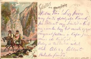 1899 Dambovicioara, Defileul. Salutari din Romania / Gorge. Greeting from Romania. Carol Göbls litho (EK)