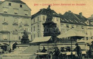 Graz, Erzherzog Johann Monument am Hauptplatz, Franz Kroath Materialwaren / main square, monument, market vendors, shop. W.L. 2263. (EK)