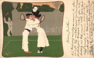 Lawn-Tennis / Couple kissing during tennis match. Meissner & Buch Künstler-Postkarten Serie 1039. litho s: B. Wennerberg (EK)