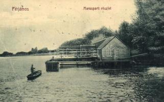 Perjámos, Periam; Maros-parti részlet, vízi hajómalom. W. L. Bp. 2103. Kiadja Stefán Péter / Mures riverside, boat mill (EB)