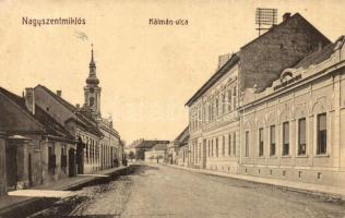 Nagyszentmiklós, Sannicolau Mare; Kálmán utca, Takarékpénztár, templom. W. L. Bp. 2109. Kiadja Wiener Náthán / street view, savings bank, church (EK)