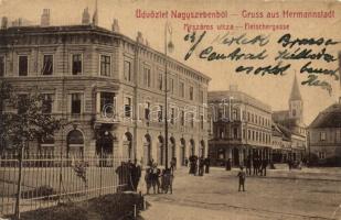 Nagyszeben, Hermannstadt, Sibiu; Mészáros utca, Grand Magazin üzlet. No. 80. / Fleischergasse / street view, shops (EK)