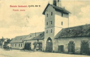 Bethlen, Beclean; Piac tér, Bárány Bálint, Kalasi István, Deák Albert, Szőcs Zsigmond üzlete. W. L. 1902. / market square, shops (EK)
