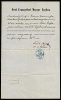 1870 Pest, Pesti Evangéliumi Magyar Egyház gyülekezeti elbocsátó levele, aláírva, pecséttel