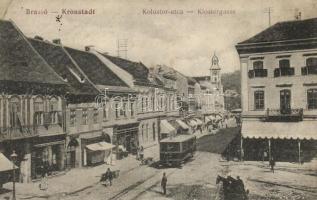 Brassó, Kronstadt, Brasov; Kolostor utca, üzletek, kávéház, villamos / Klostergasse / street view, shops, café, tram (r)