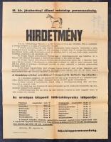 1941 M. kir. jászberényi méntelep parancsnokság hirdetménye országos lótörzskönyvezés elrendeléséről, hajtott, 63x47 cm