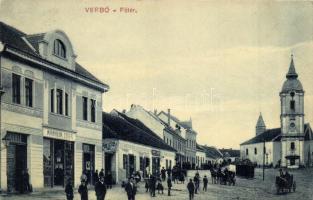 Verbó, Vrbové; Fő tér, Manheim Zsiga, Fürst József üzletei, templom / main square, shops, church (EK)