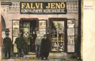 Rozsnyó, Roznava; Falvi Jenő könyv- és papírkereskedése, üzlet kirakata / shop front with owners (EB)