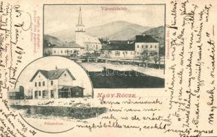 1900 Nagyrőce, Gross-Rauschenbach, Velká Revúca, Revúca; Városház tér, templom, üzlet, Vasútállomás, vagon. Kiadja Büchler Béla / town hall square, church, shop, railway station, wagon. Art Nouveau