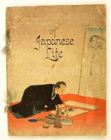 Japanese Pictures of Japanese Life. Tokyo, é.n., T. Hasegawa, 9 sztl. lev. (borítókkal együtt, kettős lapok.) Gyönyörű színes fametszetes illusztrációkkal, krepp-papír lapokkal, angol nyelven. Kiadói színes, illusztrált fűzött papírkötés, foltos, a hátsó borító széle gyűrött./   Japanese Pictures of Japanese Life. Tokyo, T. Hasegawa. With beautiful colorful woodblock illustrations. Crepe paper-binding, spotty, in English language. Nine pages of folded creped paper for a total of 18 pages (front and back cover included in the count).