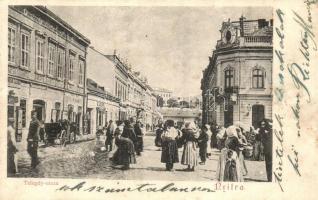 Nyitra, Nitra;  Telegdy utca piaci árusokkal, Haas Mór bor, sör és pálinka mérése / street view with market vendors, shops (EB)