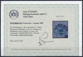 9kr HP III deep blue, margin print ,,SZEGEDIN" Certificate: Steiner 9kr HP III sötétkék, ívszél...