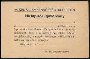 cca 1940 Debrecen, M. Kir. Államrendőrség, kitöltetlen hírlapírói igazolvány