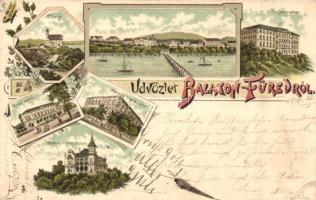 1896 (Vorläufer!) Balatonfüred, Tihany, Erzsébet udvar, Gyógyterem, Stefánia főhercegnő udvar, Hercegprímási lak, villa. Koller Károly floral Art Nouveau litho (EK)