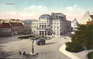 Pozsony, Pressburg, Bratislava; színház villamossal, Hírlap üzlet / theatre, tram, newspaper shop