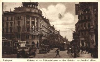 Budapest VIII. Rákóczi út (Blaha Lujza tér), automobilok, villamosok, takarékpénztár, gyógyszertár, üzletek, Fanto Benzin (EK)